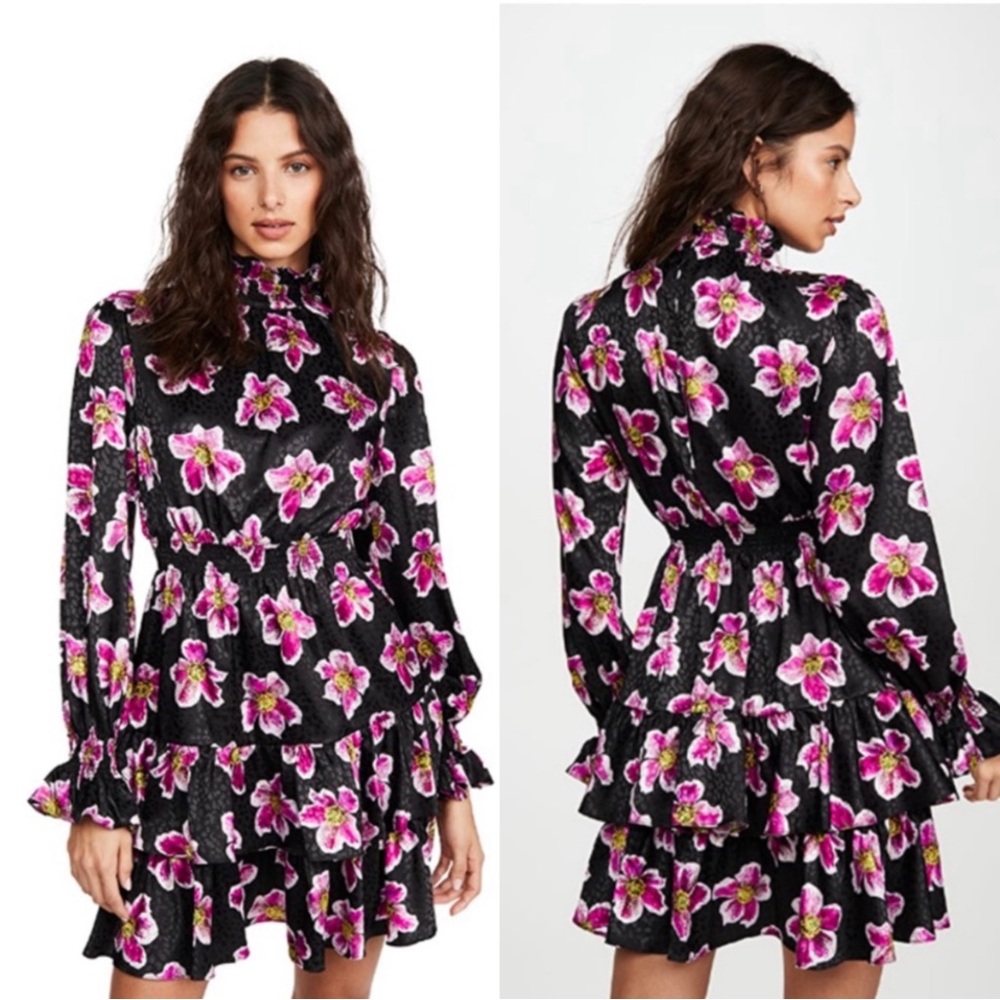 Borgo De Nor Black Purple Yulia Floral High Neck Ruffle Satin Dress Size 8/4